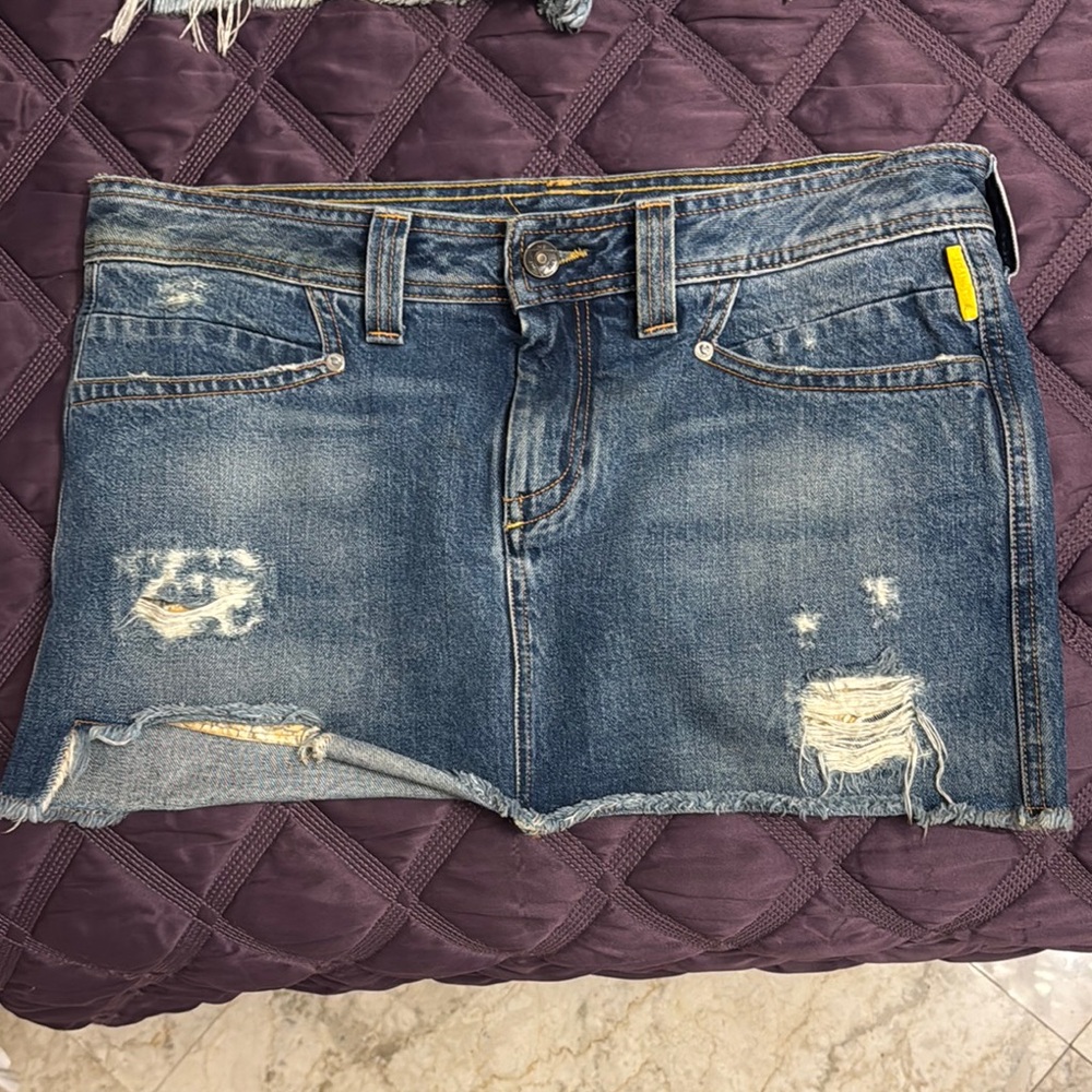Meltin Pot Blue Denim Skirt with Distressed Details